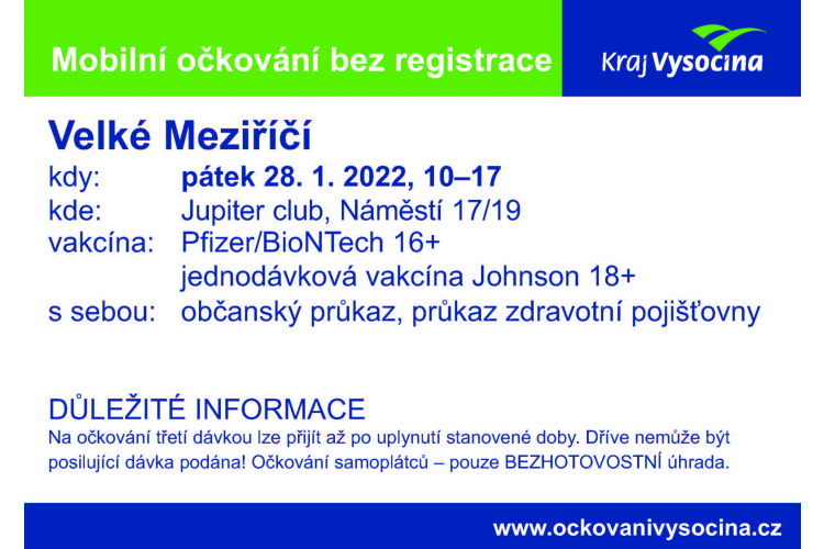 Mobilní očkování bez registrace 28.1.2022 ve Velkém Meziříčí